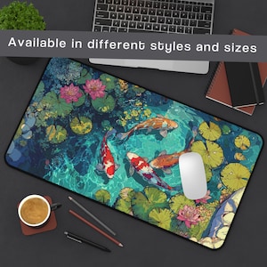 Alfombrilla de ratón con diseño de pez koi: tapete de escritorio de jardín acuático japonés con flores de loto, decoración zen vibrante para oficina, regalo para amantes de la naturaleza o el arte.
