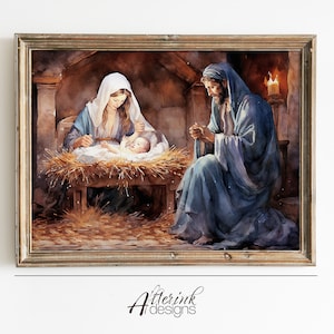 Vintage Nativity Art Print Christmas Printable Wall Decor Christian Wall Art Baby Jesus In Manger Birth Of Jesus Gift for Christian Faith