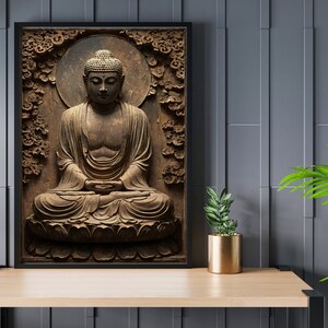 May include: A framed print of a brown, carved wooden sculpture of Buddha sitting in meditation. The sculpture is surrounded by a decorative floral design.