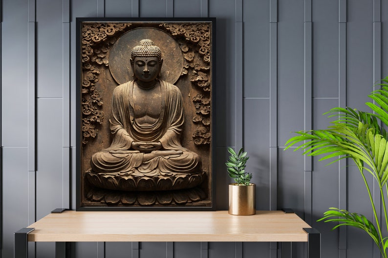 May include: A framed print of a brown, carved wooden sculpture of Buddha sitting in meditation. The sculpture is surrounded by a decorative floral design.