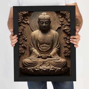 May include: A framed print of a brown Buddha statue sitting in a meditative pose. The statue is surrounded by a carved floral design.