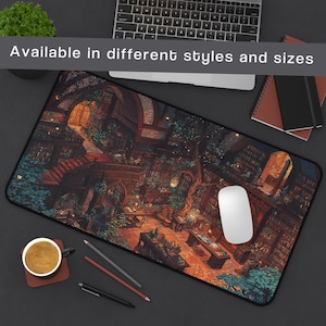 Tappetino per mouse Cozy Fantasy Library, caldo tappetino da scrivania estetico con libri, alberi e vibrazioni magiche, regalo ideale per amanti dei libri e giocatori.