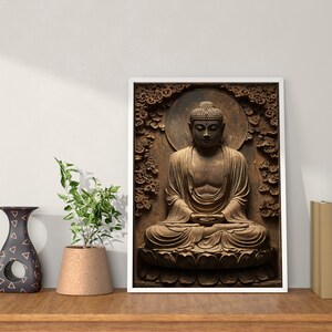 May include: A framed print of a brown wooden sculpture of Buddha sitting in meditation. The sculpture is surrounded by a carved floral design.