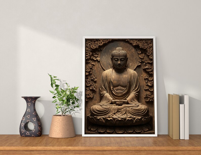 May include: A framed print of a brown wooden sculpture of Buddha sitting in meditation. The sculpture is surrounded by a carved floral design.