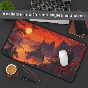 Tappetino per mouse da gioco con paesaggio fantasy al tramonto asiatico maestoso - Grande tappetino da scrivania per TCG, lavoro e configurazione PC / Design con montagne di acero rosso e pagoda