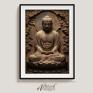 May include: A brown stone carving of a Buddha statue in a seated meditation pose. The statue is surrounded by intricate floral designs and a halo.