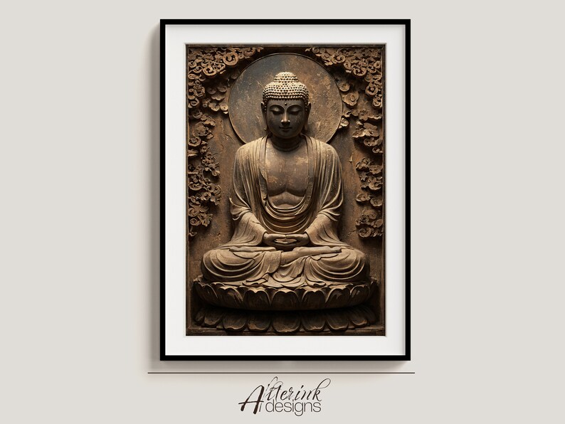 May include: A brown stone carving of a Buddha statue in a seated meditation pose. The statue is surrounded by intricate floral designs and a halo.