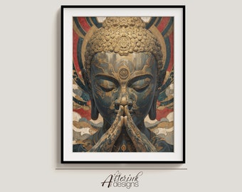 May include: A close-up of a golden Buddha statue with a blue face and hands clasped in prayer. The statue is set against a background of red, gold, and blue clouds.