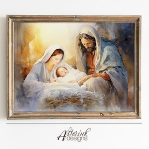 Vintage Nativity Art Print Christmas Printable Wall Decor Christian Wall Art Baby Jesus In Manger Birth Of Jesus Gift for Christian Faith