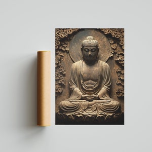 May include: A brown stone sculpture of Buddha sitting in meditation with his hands in his lap. The sculpture is surrounded by a carved floral design.