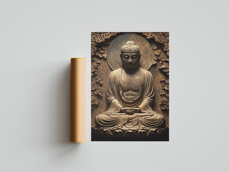 May include: A brown stone sculpture of Buddha sitting in meditation with his hands in his lap. The sculpture is surrounded by a carved floral design.
