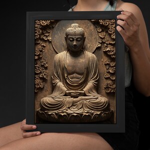 May include: A framed print of a brown wooden sculpture of Buddha sitting in meditation. The sculpture is surrounded by carved floral details and a halo. The print is in a black frame.