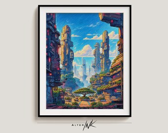 Cyberpunk City Digital Painting, Futuristic Cityscape Wall Art Download