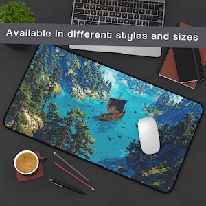 Tappetino per mouse da gioco con paesaggio fantasy di Viking Longship - Tappetino da scrivania con fiordo nordico per TCG, lavoro e configurazione PC / Arte avventurosa nordica