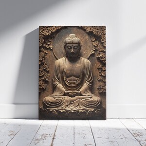May include: A brown wooden relief sculpture of a meditating Buddha. The sculpture is framed by a carved floral design.