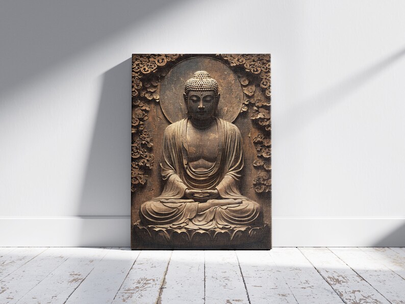 May include: A brown wooden relief sculpture of a meditating Buddha. The sculpture is framed by a carved floral design.