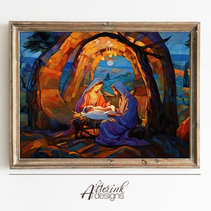 Nativity Art Print Christmas Printable Wall Decor Christian Wall Art Baby Jesus In Manger Birth Of Jesus Gift for Christian Faith Art