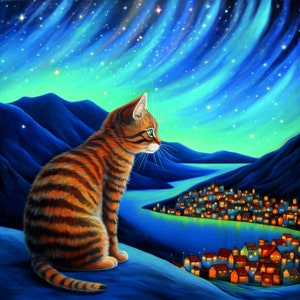Chat tigré roux sous une carte de voeux vierge de ciel nocturne