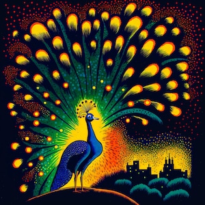 Cartão de felicitações em branco com vista para a cidade do pavão fabuloso