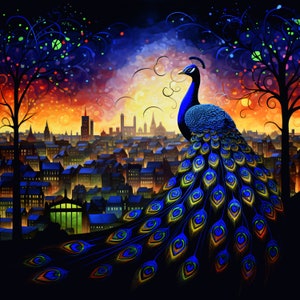 Carte de voeux paon ciel nocturne