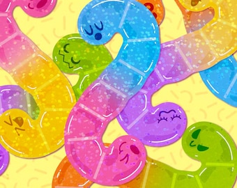 May include: A colorful illustration of gummy worms in various colors, including pink, orange, yellow, green, blue, and purple. Each worm has a smiling face and is arranged on a yellow background with a repeating pattern.