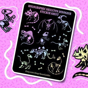 Holographischer Dino-Skelett Vinyl-Aufkleber | Dino-Liebhaber-Geschenk | Wasserflaschen Aufkleber