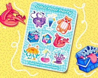 Lámina de pegatinas de vinilo impermeables para fiesta en la piscina de D&D / Regalo para frikis / Calcomanías de TTRPG
