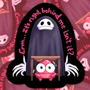 Repo Horror-Spiel "Ähm, es liegt gleich hinter mir, oder?" Monster glänzende Vinyl-Aufkleber | Robo Indie Game Merch | Lustiges Meme Geschenk
