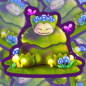 May include: A collection of stickers featuring a cartoon character in a mossy green outfit, adorned with blue flowers and a floral crown. The character has a serene expression. The stickers have a purple border and are set against a light blue background with wavy lines.