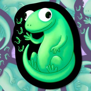 May include: A collection of cartoon lizard stickers in shades of green and teal, with a black outline. The central sticker features a bright green lizard with a friendly expression, surrounded by smaller, similar stickers on a purple background.