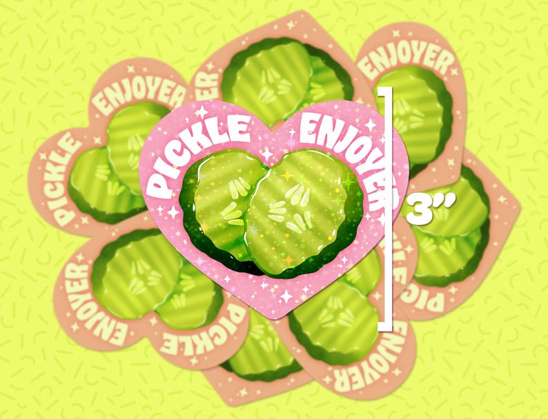 May include: A collection of heart-shaped stickers featuring pickle slices. The central sticker, measuring 7.6 cm, has a pink heart with the word "PICKLE" and "ENJOYER" around the edges. The stickers have a light green and pink color scheme.