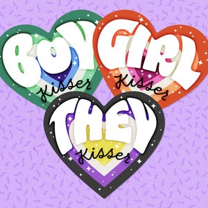 Holografische vinylstickers jongen/meisje/zij kussen | LGBTQ+ Pride-maandcadeau | Homo-lesbische en niet-binaire stickers