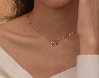 Geboortesteenketting sterrenbeeld, goud of zilver astrologisch teken, gepersonaliseerde sieraden
