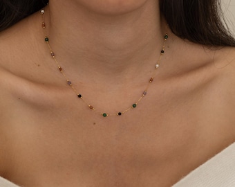 Gemstone Bead Necklace - Stone Satellite Necklace, Layering Choker