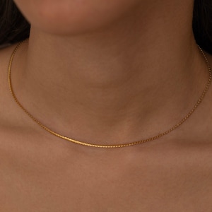 May include: A delicate gold-colored chain necklace. The necklace is thin and appears to be made of small, interconnected links. The chain rests on a person's skin, with the focus on the jewelry.
