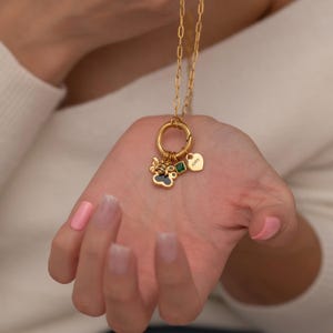 Op de afbeelding: Een goudkleurige ketting met een ketting en een cirkelvormige hanger met bedels. Bedels zijn onder meer een bij, een groene vierkant en een hartvormige bedel met de naam "Abby". De bijenbedel heeft zwarte en gele details. De ketting wordt op een hand getoond.