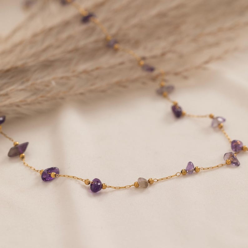 May include: A delicate gold chain necklace adorned with small, irregularly shaped purple amethyst stones and tiny gold beads. The necklace is displayed on a white surface, with a blurred background of dried plants.