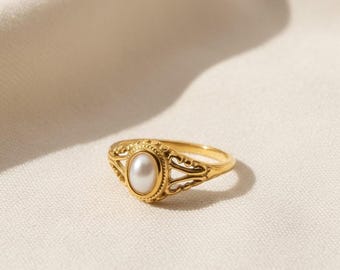 Gold Dainty Victorian Pearl Ring - Statement Wedding Ring, Waterproof Minimalist Vintage Band