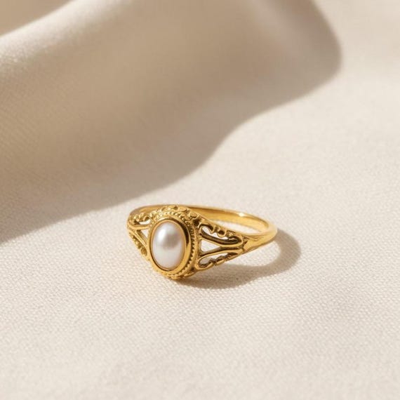 Gold Dainty Victorian Pearl Ring - Statement Wedding Ring, Waterproof Minimalist Vintage Band