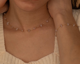Raw Rose Quartz Crystal Necklace – Natural Pink Gemstone – Gold Adjustable Chain – Dainty Layering Necklace Birthstone Healing Crystal
