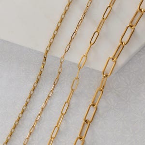 May include: Four gold-colored chain necklaces with different link styles are displayed against a white background. The chains vary in design, including box, oval, and elongated rectangular links, showcasing a range of jewelry options.