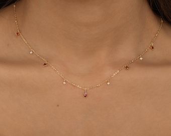 Dainty Birthstone Necklace - Sterling Silver Gemstone Teardrop Pendant