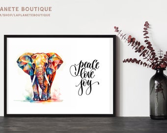 PRINTABLE (instant download) colorful Elephant picture for kids room, Elephant Peace poster, Housewarming gift, Elephant wall art DIGITAL