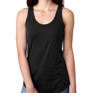 May include: A black tank top with a scoop neck and a relaxed fit.