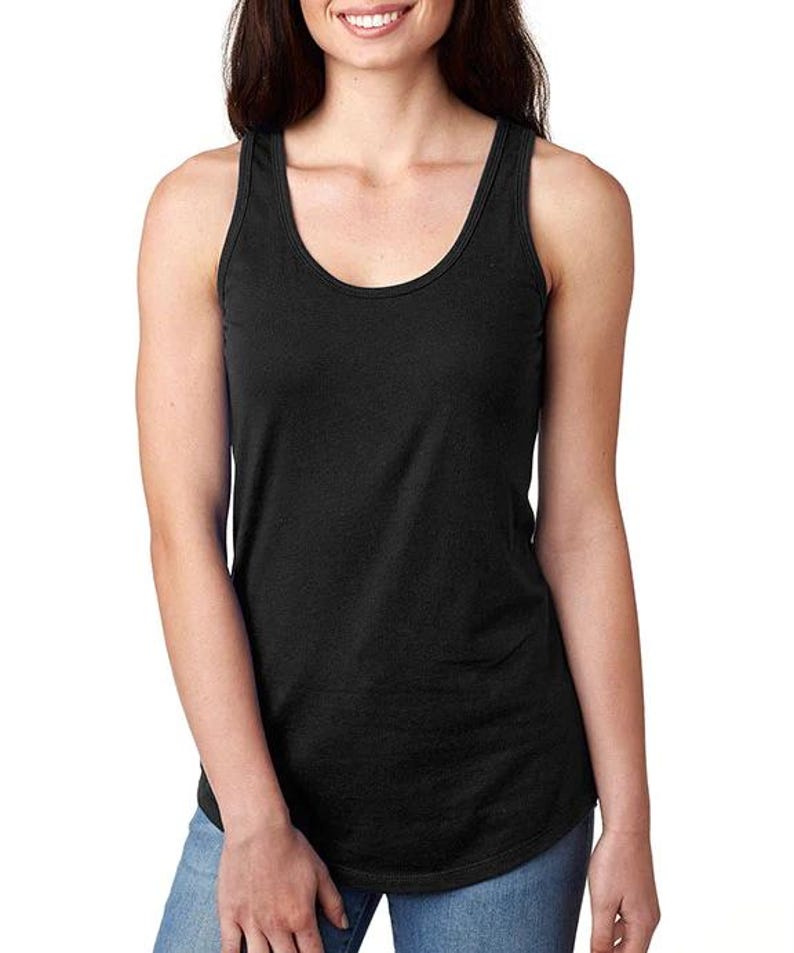May include: A black tank top with a scoop neck and a relaxed fit.