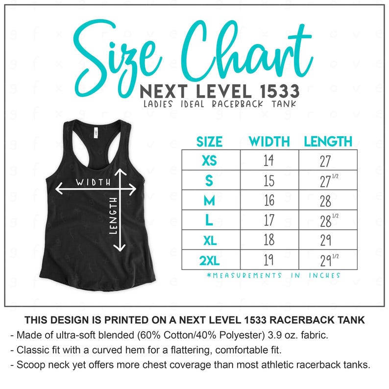 May include: Size chart for a racerback tank top. The chart shows the width and length measurements in inches for sizes XS to 2XL. The tank top is made of a blend of cotton and polyester.
