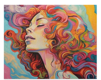 Psychedelic Rainbow Beauty Jigsaw Puzzle: Piece a Stunning Surrealist Portrait of a Colorful Woman with Rainbow Hair 120, 252, 500-Piece