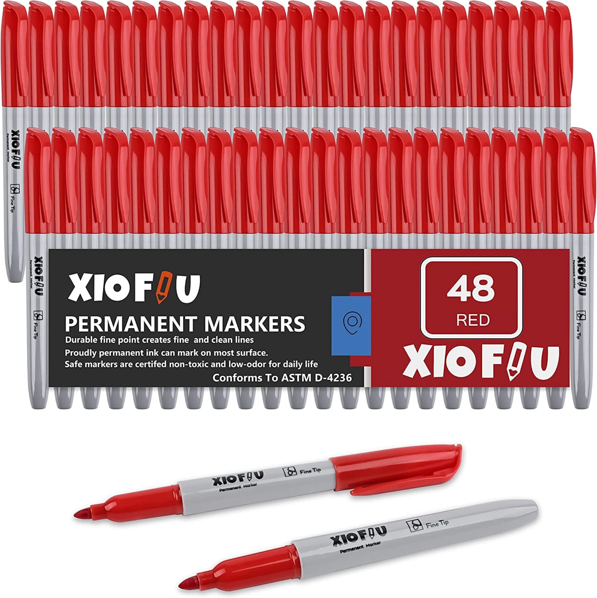 Permanent Markers Bulk, 48 Pack Red Permanent Marker Set, Fine Tip,  Waterproof Markers, Premium Smear Proof Pens, 