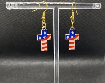 Cross American Flag Gold Plated Enamel Dangle Earrings