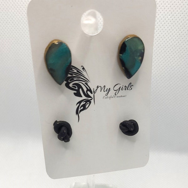 Teal/Black polymer clay raindrop earrings and Knotted black polymer clay with gold specks stud earring set